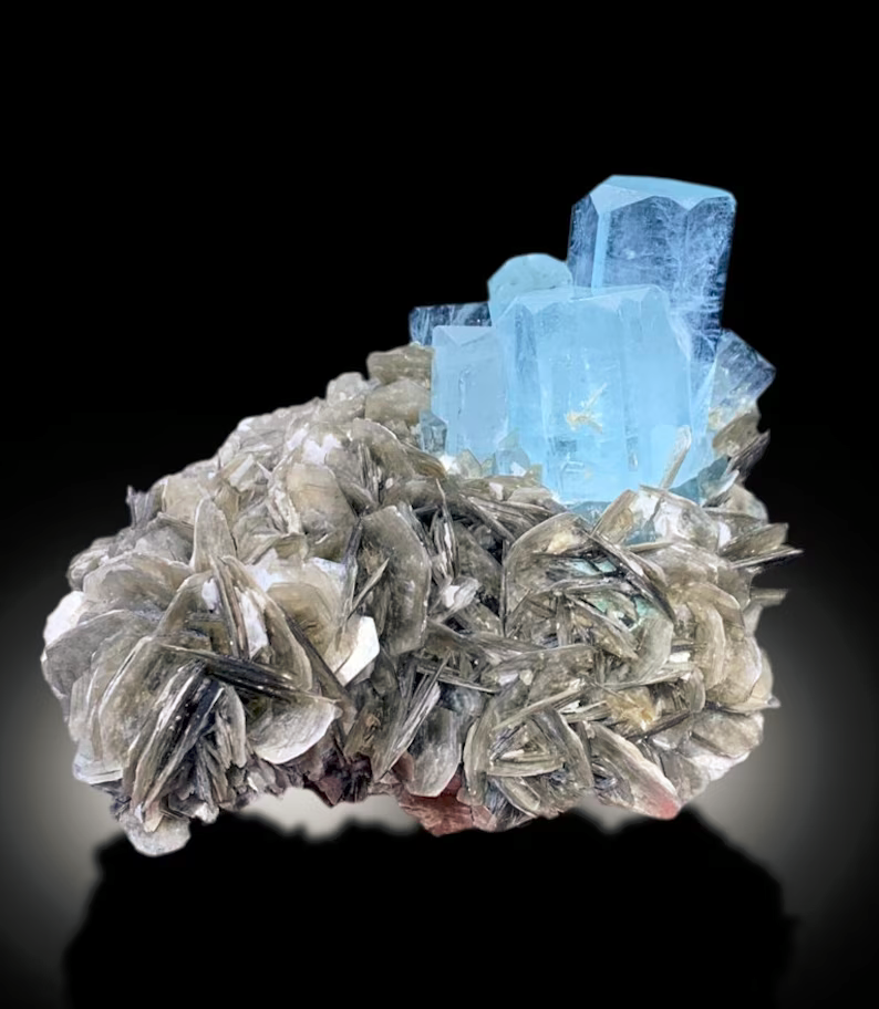 Blue Aquamarine Crystals Cluster With Muscovite Mica Mineral Specimen From Nagar Pakistan- 855 gram