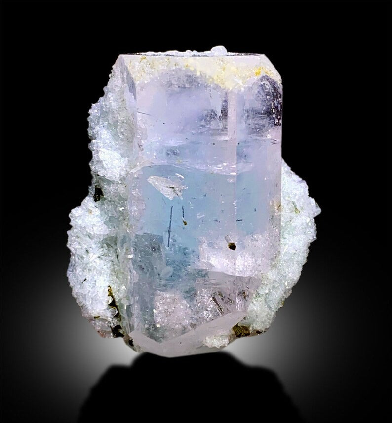 AquaMorganite with Green Tourmalines, Pink Morganite Crystal with Blue Core, Tourmaline cluster, Mineral Specimen, Bicolor Beryl, 54 Gram