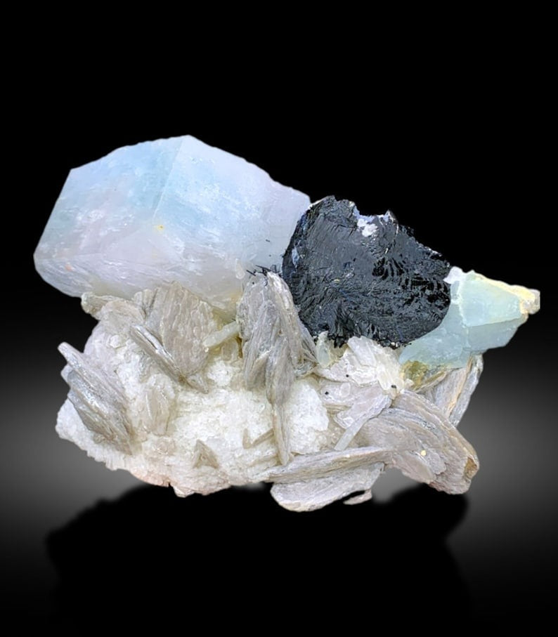 Beryl Aqua Morganite with Schorl and Lepidolite Specimen, 553 gram