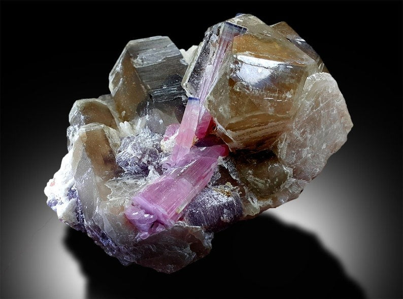 Bicolor Tourmaline Crystals with Lepidolite and Smoky Quartz from Paproke Afghanistan - 810 g , 135*96 mm