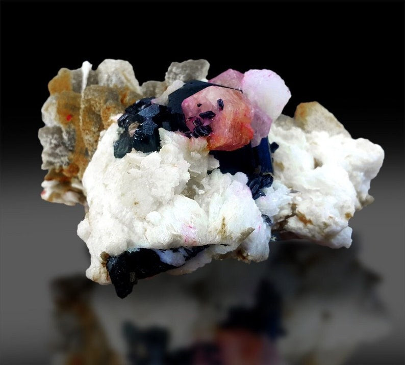 Pink Apatite Crystals with Tantalite , Schorl and Albite Mineral Specimen from Skardu Pakistan, 349 g, 92*82 mm