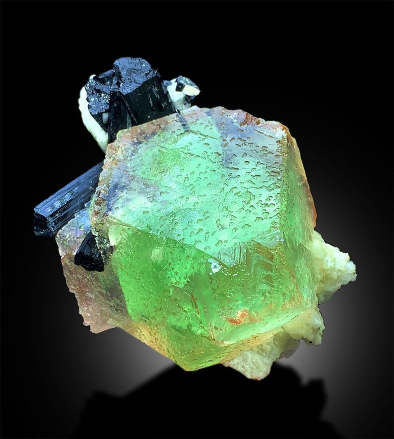 Bicolor Fluorite Crystal with Tourmaline Crystals, Pink and Green Color Fluorite Specimen, Fluorite stone, Mineral Specimen, 329g