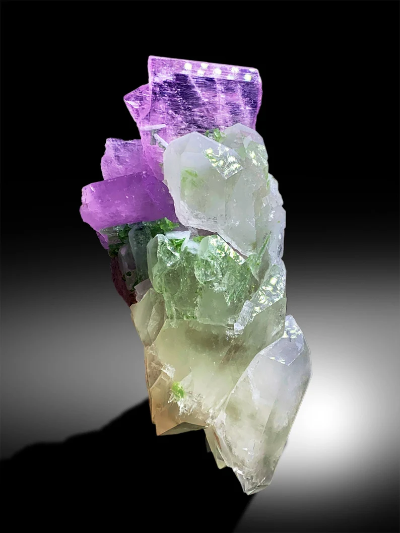 Pink Kunzite, Green Tourmalines, Quartz Crystals, Kunzite Specimen, Kunzite Tourmaline, Raw Kunzite, Kunzite with Tourmalines, 598g