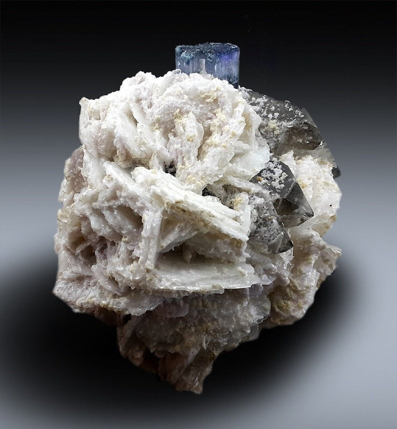 Blue Cap Tourmaline with Smoky Quartz, Cleavlandite and Lepidolite Specimen from Paproke Afghanistan - 645 Gram, 105*98*62 mm