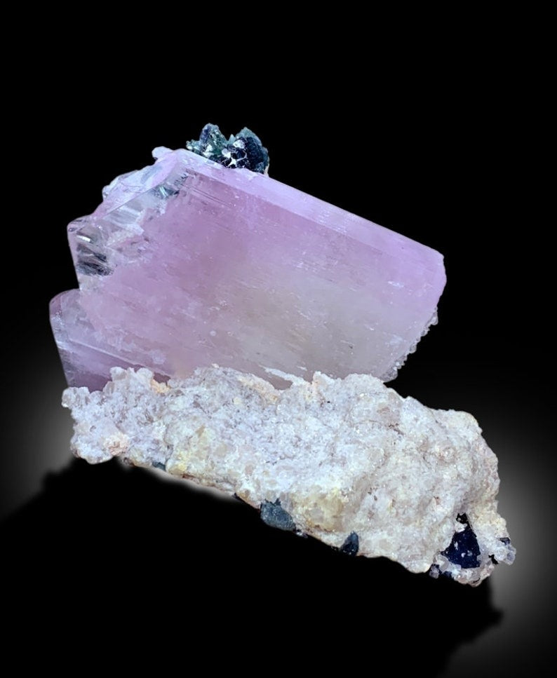 Kunzite Specimen, Terminated Pink Kunzite With Blue Tourmalines on Feldspar, Mineral Specimen, Kunzite From Afghanistan - 214 gram
