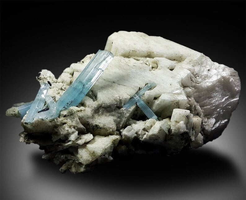 Aquamarine Crystals with Schorl on Feldspar, Aquamarine Specimen, Aquamarine Cluster, Tourmaline Crystals, Mineral Specimen, 766g