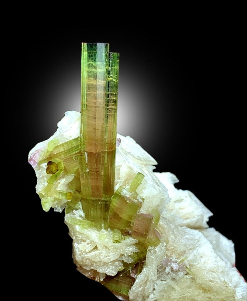 Watermelon Tourmaline Crystals on Feldspar, Bicolor Tourmaline Crystals, Tourmaline Specimen, Tourmaline Cluster, Mineral Specimen, 149 g