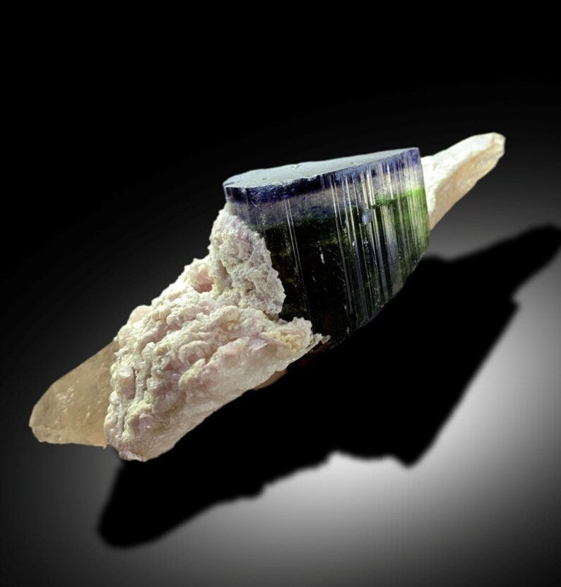 Blue Cap Tourmaline with Hambergite Lepidolite and Smoky Quartz Specimen from Paprok, Tourmaline For Sale 289 Gram