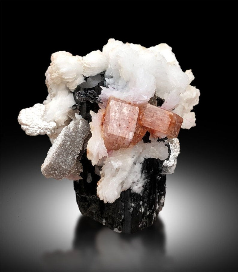 Pink Apatite Crystals with Tantalite, Schorl and Albite Mineral Specimen from Skardu Pakistan, 250 g, 68*61*53 mm