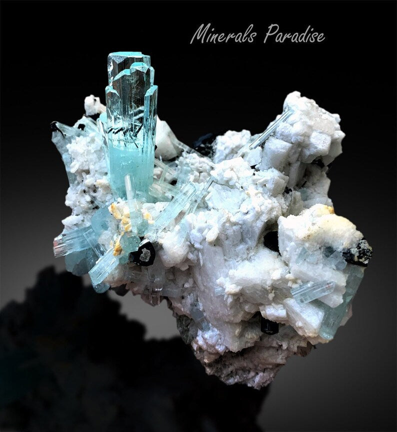 Natural Blue Aquamarine Crystals Cluster with Schorl and Feldspar Mineral Specimen from Shigar Valley Skardu Pakistan - 466 gram
