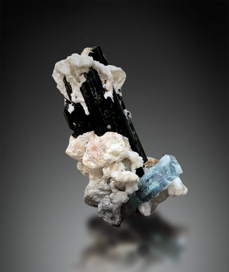 Aquamarine with Apatite on Schorl, Natural Aquamarine, Apatite Stone, Fine Mineral, Raw Gems, Aquamarine Mineral Specimen - 299 Gram