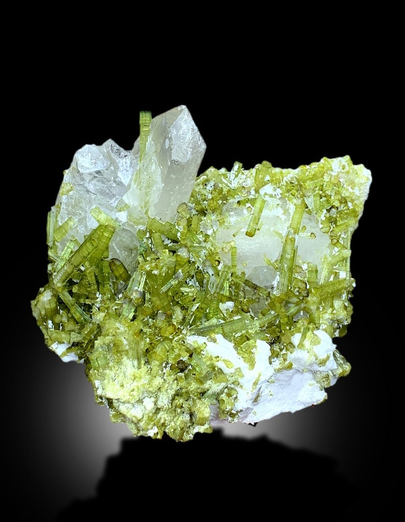 Green Tourmaline Crystals Cluster with Pollucite and Quartz From Chapu Mine Skardu Pakistan - 892 gram