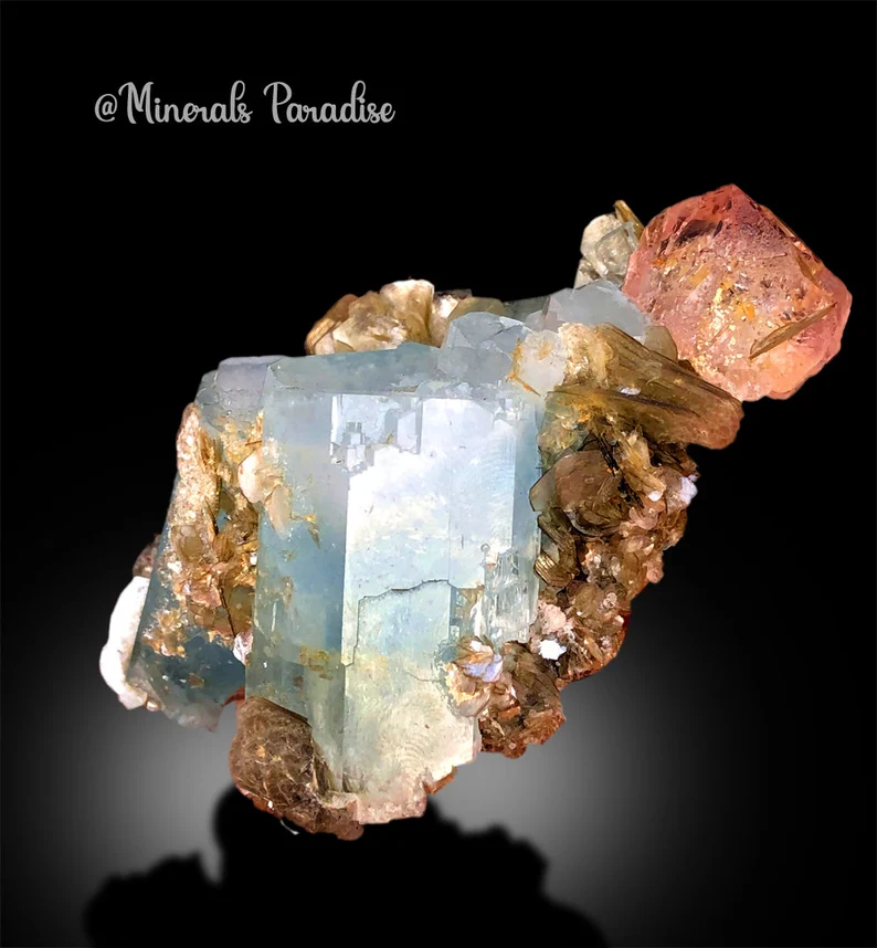 Pink Fluorite on Aquamarine Crystals, Fluorite Crystal, Aquamarine Specimen, Aquamarine for sale, Fluorite Specimen, Mineral Specimen, 288 g