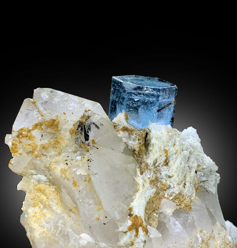 Natural Deep Blue Aquamarine Crystal with Schorl, Albite and Quartz Mineral Specimen from Haramosh Skardu Pakistan - 406 gram