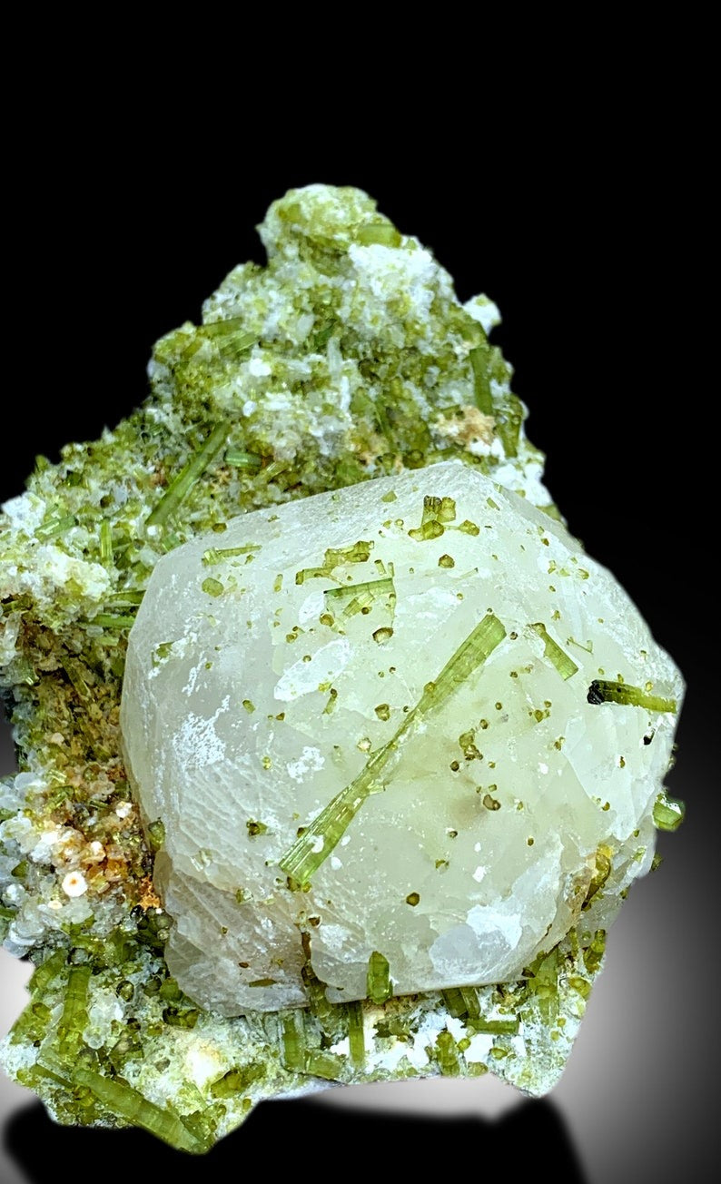 Green Tourmaline Crystals Cluster with Pollucite Mineral Specimen From Chapu Mine Skardu Pakistan - 873 gram