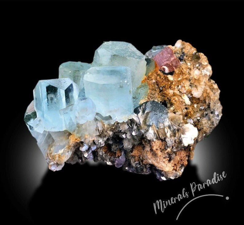 Aquamarine Crystals Cluster with Pink Apatite and Muscovite Mica Mineral Specimen from Chumar Bakhoor - 208 g