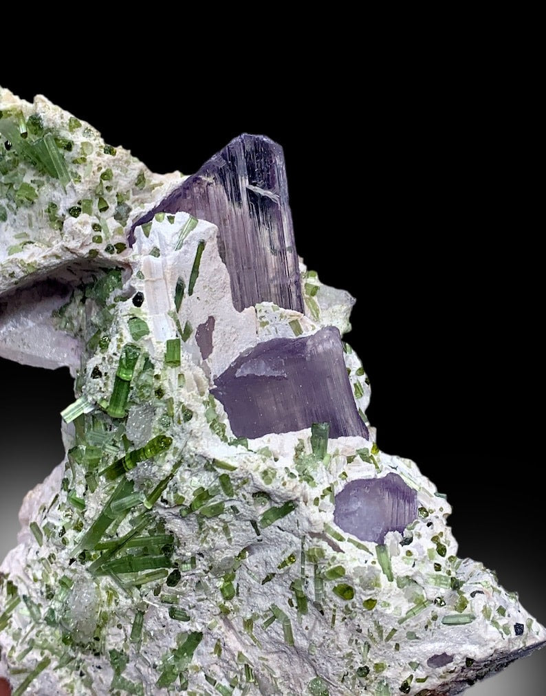 Pink Kunzite With Green Tourmline Crystals Cluster on Matrix Mineral Specimen From Afghanistan - 354 gram