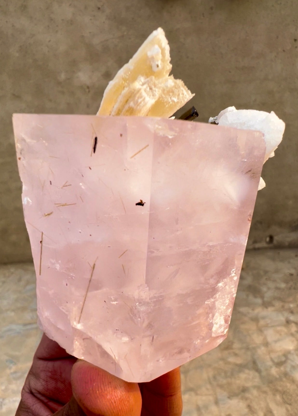 Pink Morganite crystal with Tourmalines, Mica and Feldspar from Pakistan, 365 gram