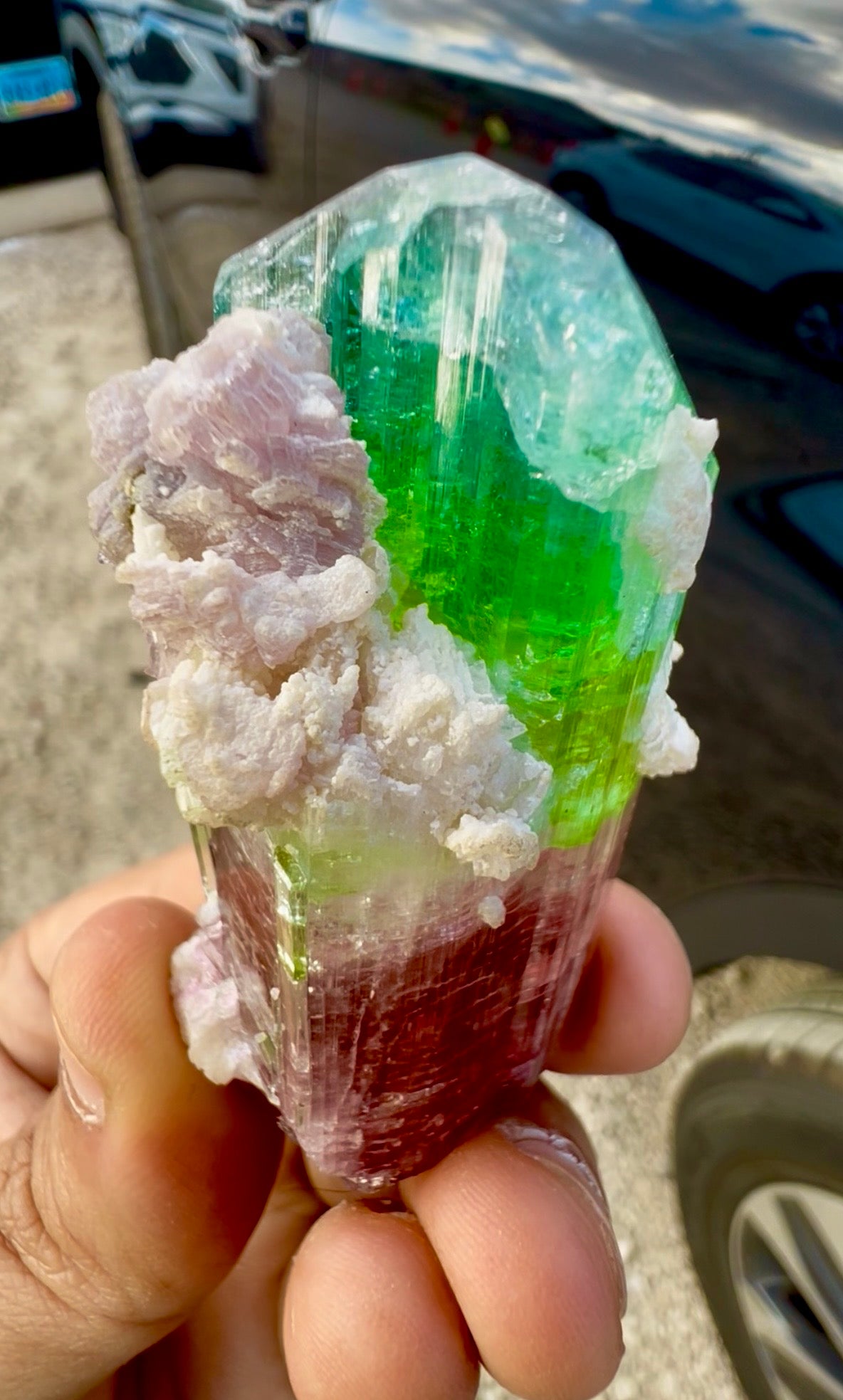 Watermelon Tourmaline Crystal with Lepidolite and Microlite from Paprok, 78 gram