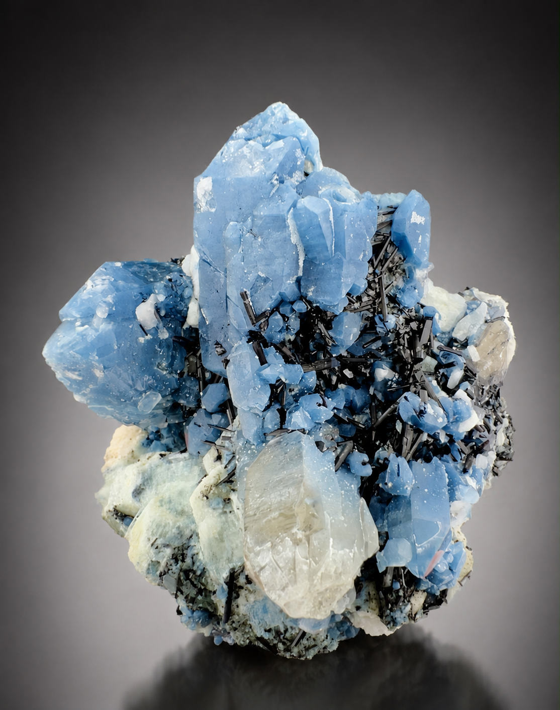 Indicolite Included Quartz Cluster with Black Schorl Tourmaline, Blue Quartz Specimen from Afghanistan, 802 gram