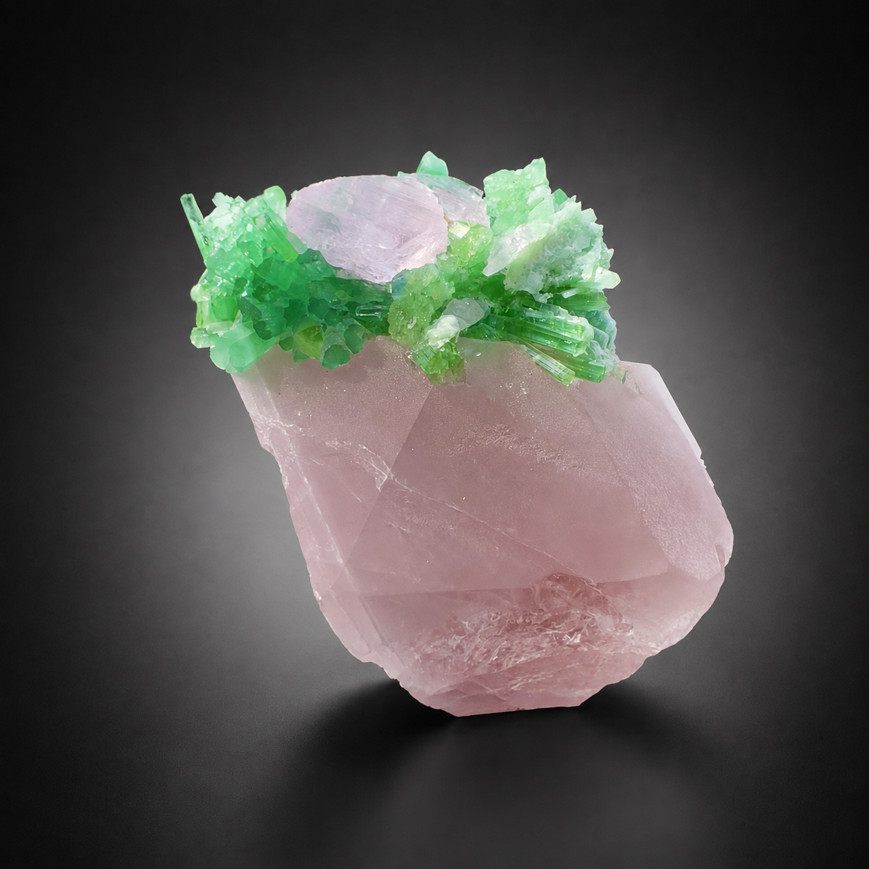 Natural Pink Morganite with Lilac Kunzite and Green Tourmaline Cluster from Afghanistan, 291 gram
