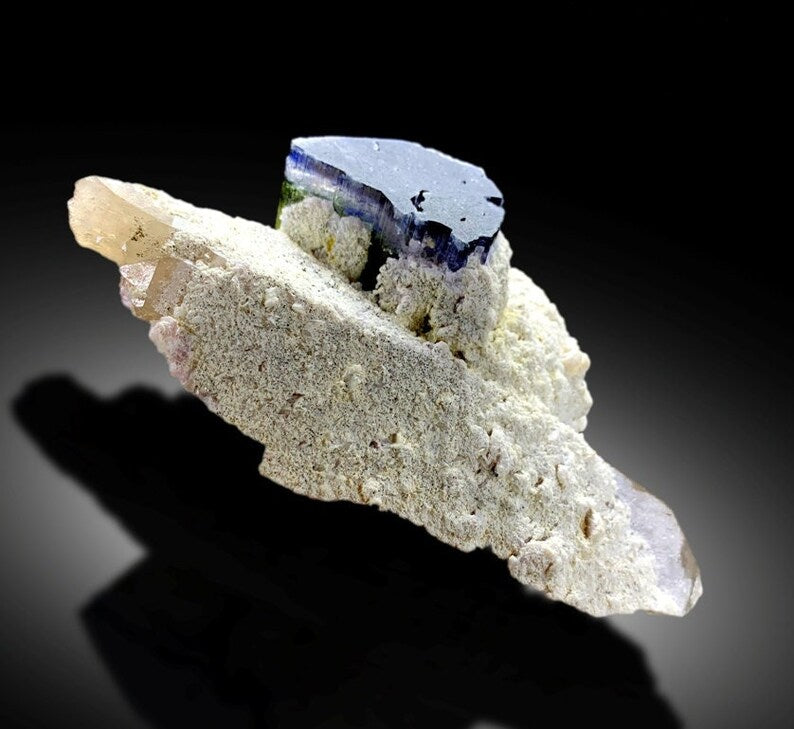 Blue Cap Tourmaline with Hambergite Lepidolite and Smoky Quartz Specimen from Paprok, Tourmaline For Sale 289 Gram