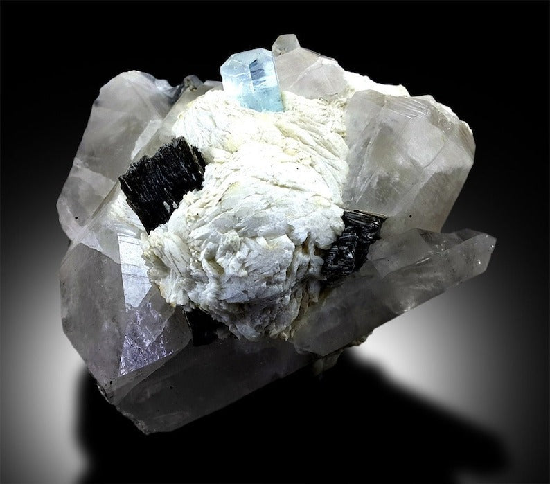 Aquamarine Crystals With Quartz, Natural Blue Aquamarine, Aquamarine Specimen, Aquamarine stone, Albite And Mica, Mineral Specimen, 1645 g