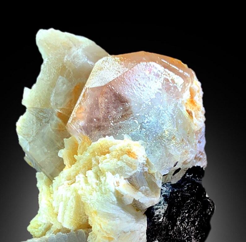 Morganite Crystal with Aquamarine Core Quartz Black Tourmaline Schorl Mica and Albite Mineral Specimen, Morganite For Sale 1276 g