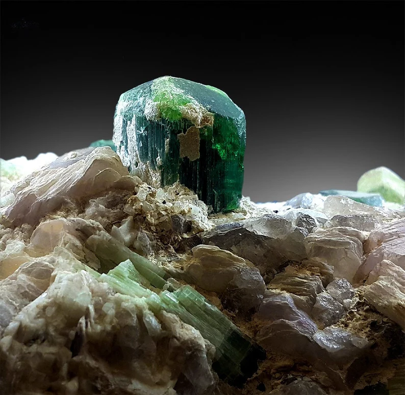 Tourmaline with Triphane Kunzite, Apatite and Quartz Combo Specimen, Green Tourmaline Crystals, Yellow Triphane, Apatite Crystal, 1734 Gram