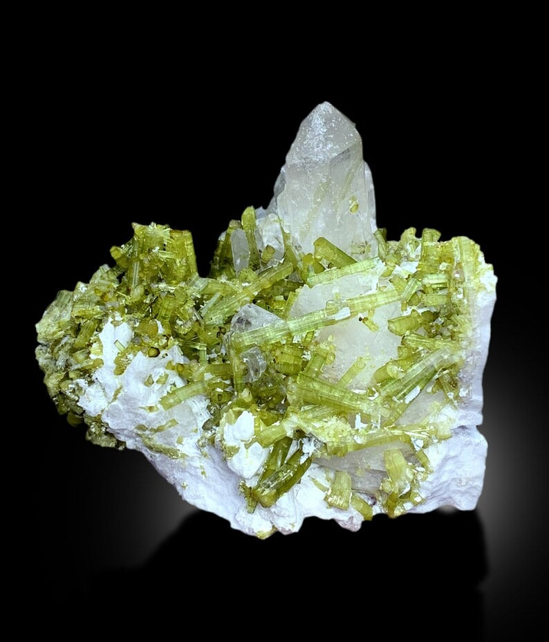 Green Tourmaline Crystals Cluster with Pollucite and Quartz From Chapu Mine Skardu Pakistan - 892 gram