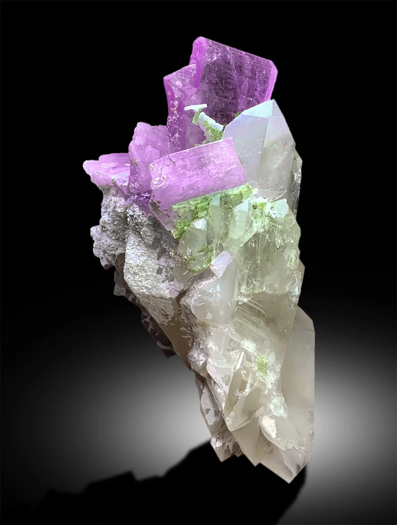 Pink Kunzite, Green Tourmalines, Quartz Crystals, Kunzite Specimen, Kunzite Tourmaline, Raw Kunzite, Kunzite with Tourmalines, 598g