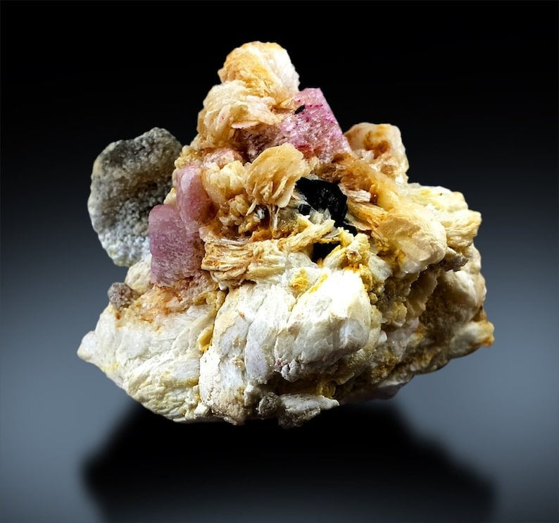 Pink Apatite Crystals with Tantalite , Schorl and Albite Mineral Specimen from Skardu Pakistan - 181 g , 63*57mm