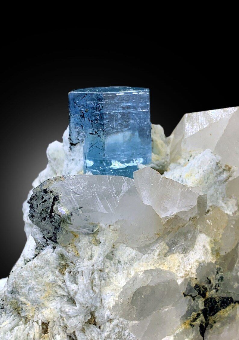 Natural Deep Blue Aquamarine Crystal with Schorl, Albite and Quartz Mineral Specimen from Haramosh Skardu Pakistan - 406 gram