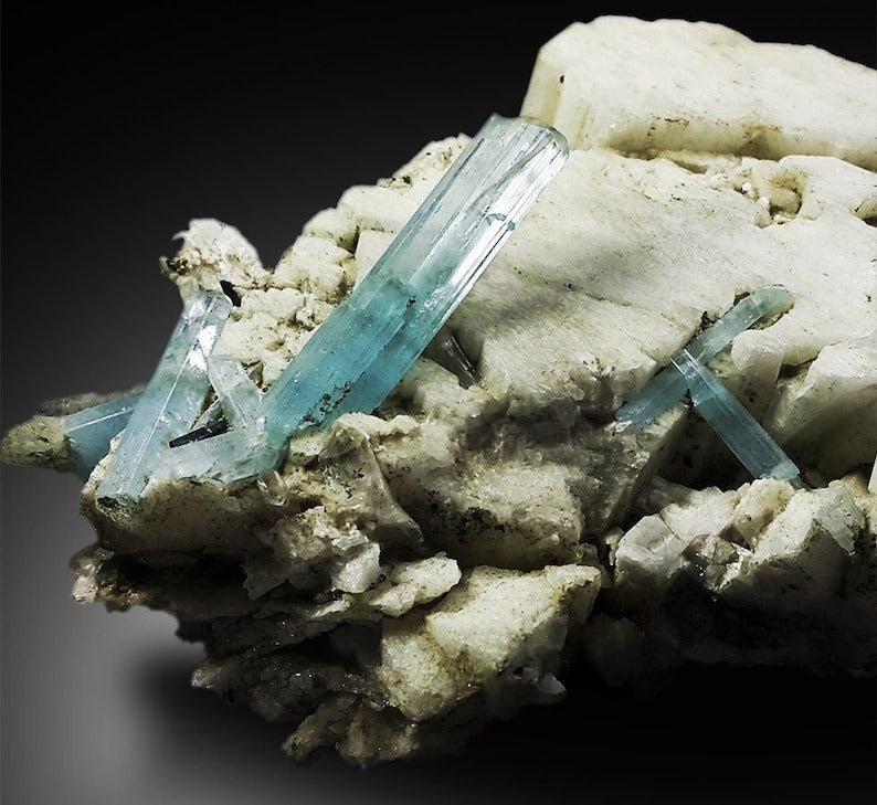 Aquamarine Crystals with Schorl on Feldspar, Aquamarine Specimen, Aquamarine Cluster, Tourmaline Crystals, Mineral Specimen, 766g