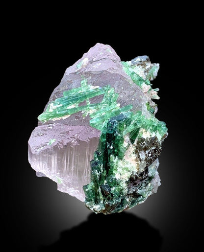 Blue Green Tourmaline Crystals on Pink Kunzite from Afghanistan, 233 gram