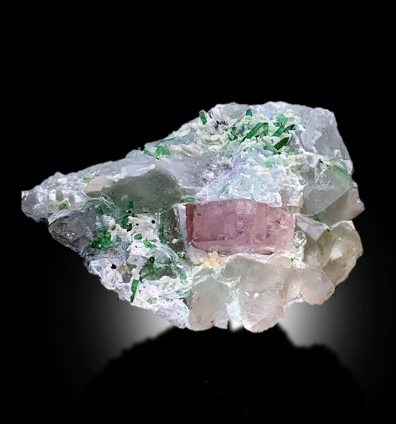 Pink Morganite With Green Tourmalines, Quartz and Albite Mineral Specimen From Afghanistan - 514 gram