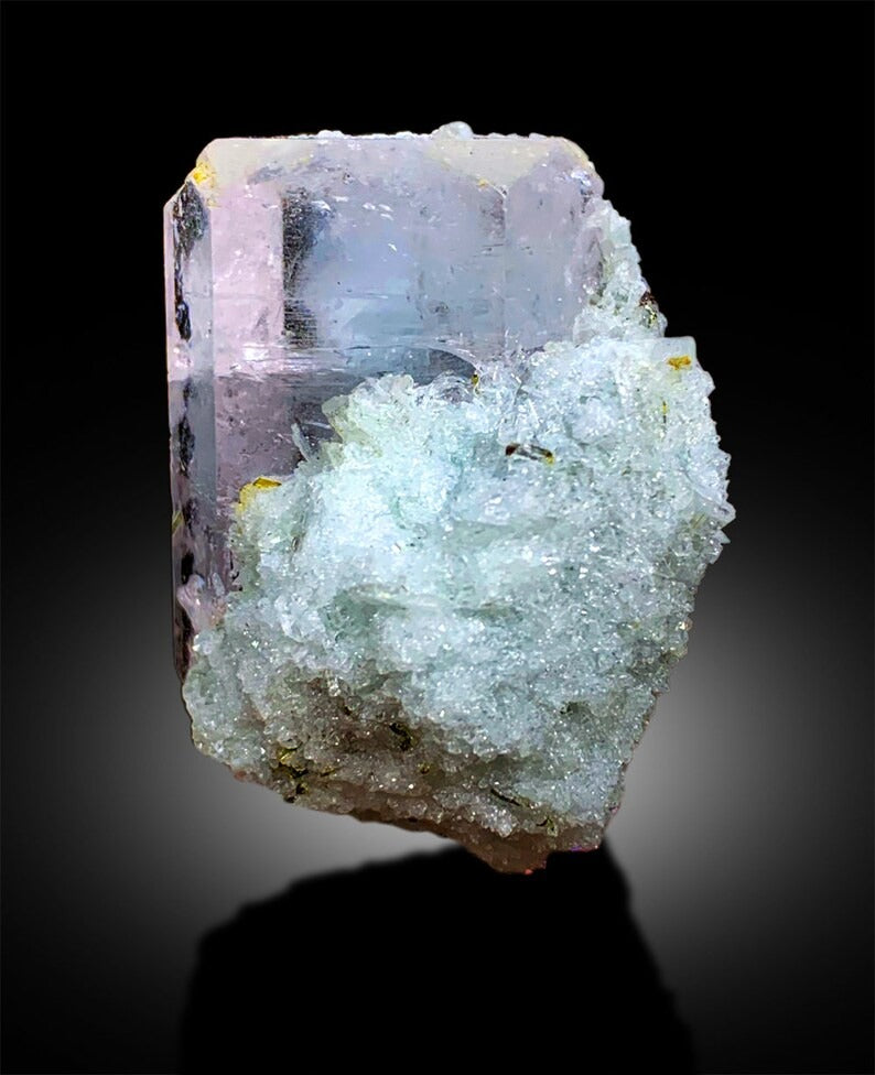 AquaMorganite with Green Tourmalines, Pink Morganite Crystal with Blue Core, Tourmaline cluster, Mineral Specimen, Bicolor Beryl, 54 Gram