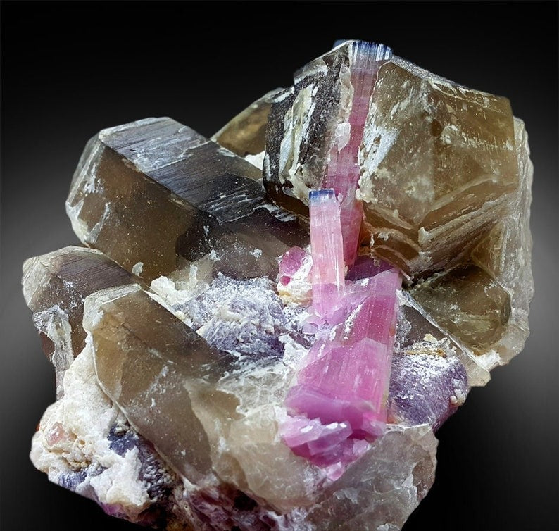 Bicolor Tourmaline Crystals with Lepidolite and Smoky Quartz from Paproke Afghanistan - 810 g , 135*96 mm