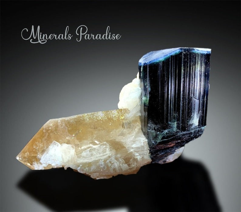 Blue Cap Tourmaline With Smoky Quartz, Tourmaline Crystal, Natural Tourmaline, Fine Minerals, Albite Minerals Specimen 233 g