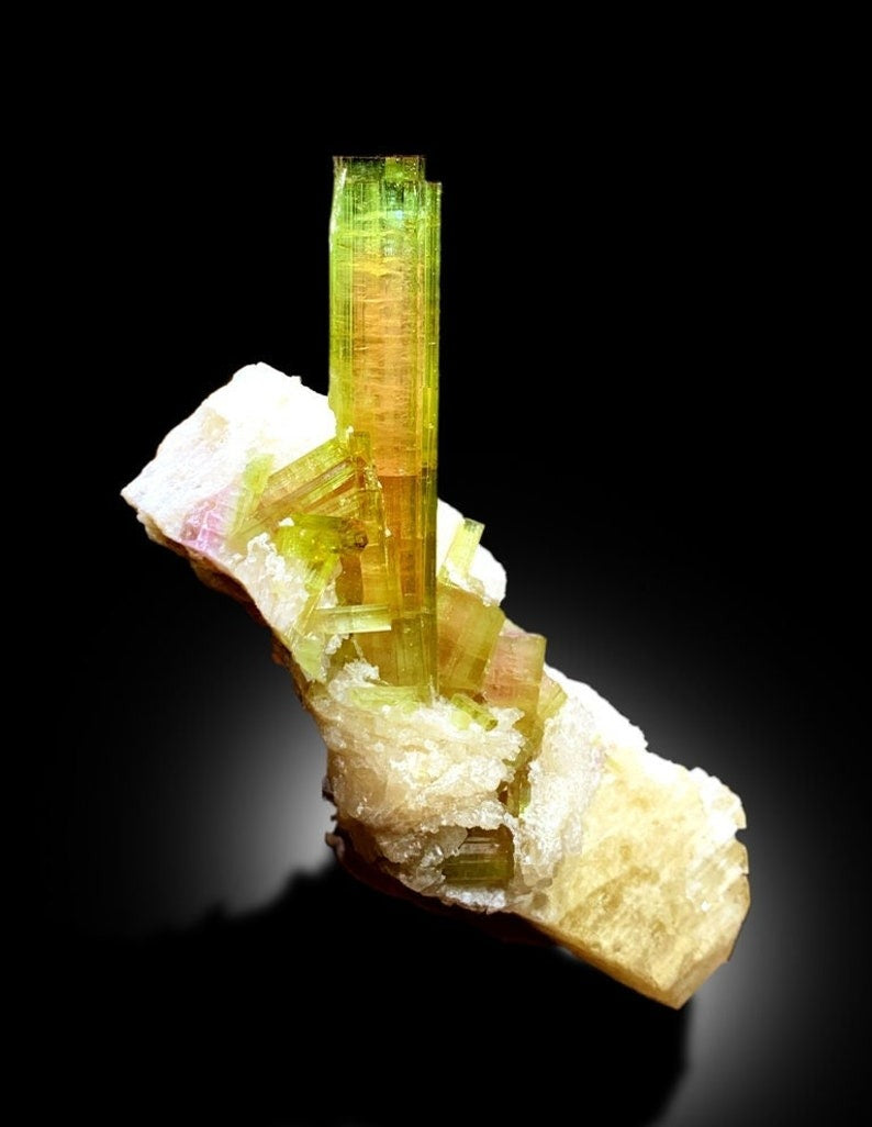 Watermelon Tourmaline Crystals on Feldspar, Bicolor Tourmaline Crystals, Tourmaline Specimen, Tourmaline Cluster, Mineral Specimen, 149 g