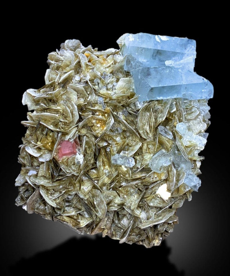 Natural Blue Aquamarine Crystals with Pink Apatite, Muscovite Mica, Aquamarine Specimen, Aquamarine from Gilgit Baltistan Pakistan - 1317 g
