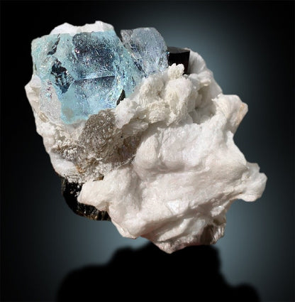 Etched Aquamarine Crystal on Black Tourmaline Schorl and Albite, Aquamarine Minerals, Aquamarine For Sale 179 Gram