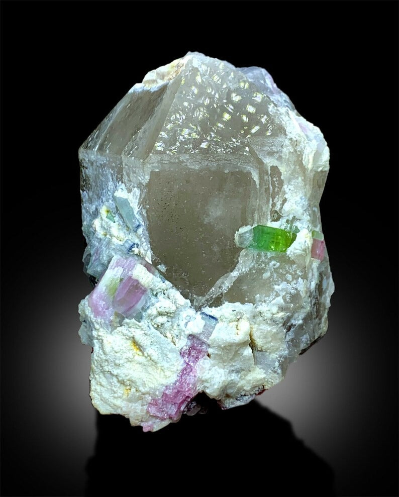 Bicolor Tourmaline Crystals on Quartz, Tourmaline Specimen, Paprok Tourmaline, Tourmaline for sale, Tourmaline with Quartz Crystal, 715 gram