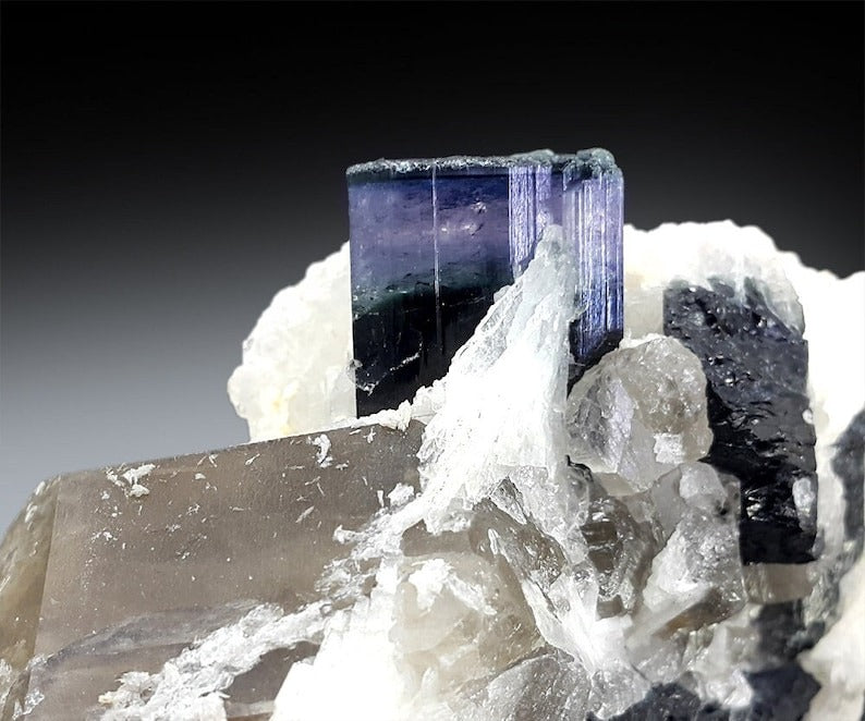 Blue Cap Tourmaline with Smoky Quartz, Cleavlandite and Lepidolite Specimen from Paproke Afghanistan - 645 Gram, 105*98*62 mm