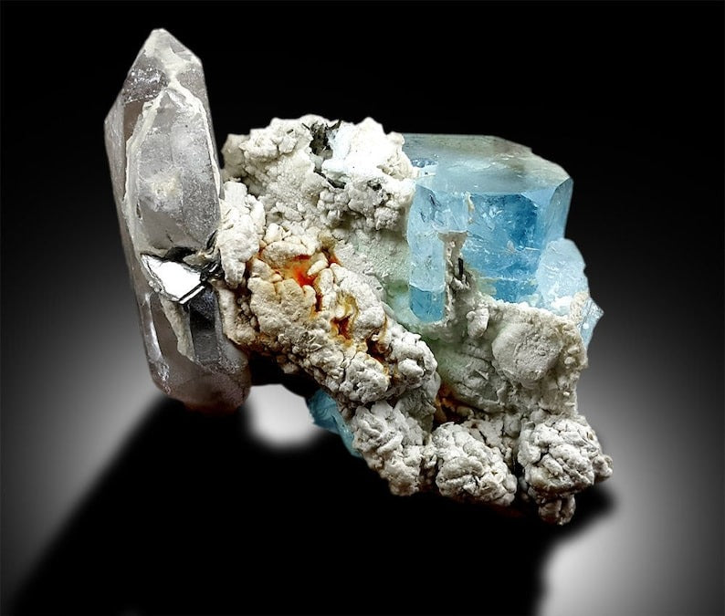 Aquamarine with Smoky Quartz and Mica, Blue Aquamarine, Natural Aquamarine, Raw Aquamarine, Aquamarine From Pakistan 163 Gram