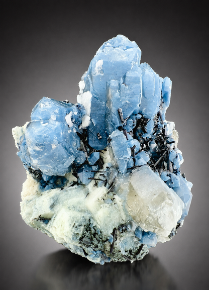 Indicolite Included Quartz Cluster with Black Schorl Tourmaline, Blue Quartz Specimen from Afghanistan, 802 gram