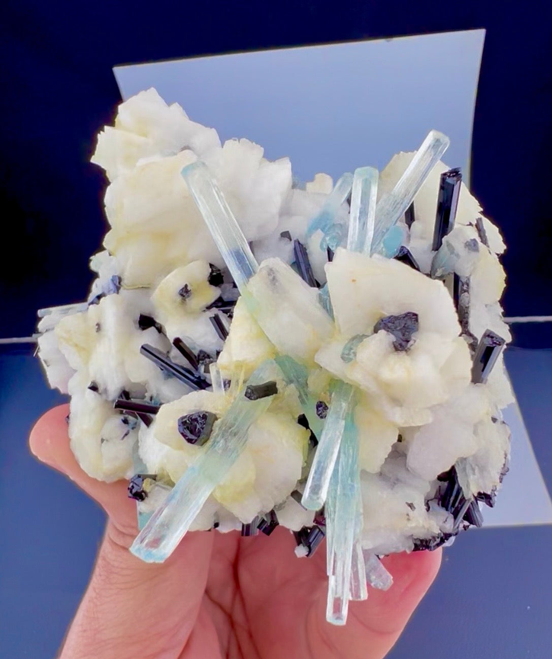 Aquamarine crystals with Schorl on Feldspar from Pakistan, 300 gram