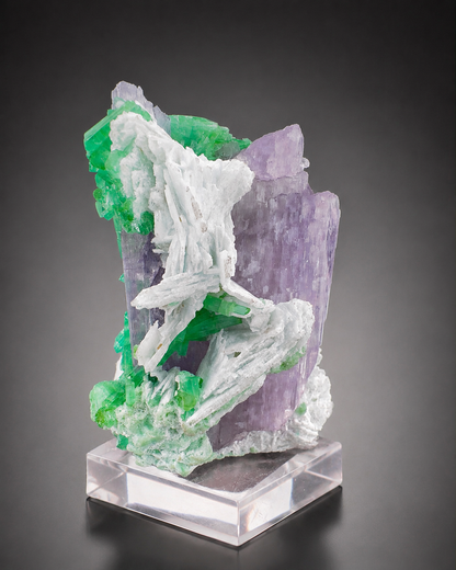 Natural Pink Kunzite with Green Tourmalines and Clevelandite Albite Specimen with Custom Base, 567 gram