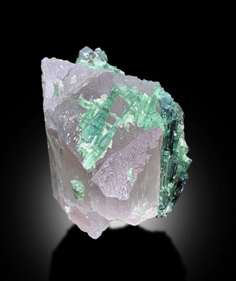 Blue Green Tourmaline Crystals on Pink Kunzite from Afghanistan, 233 gram