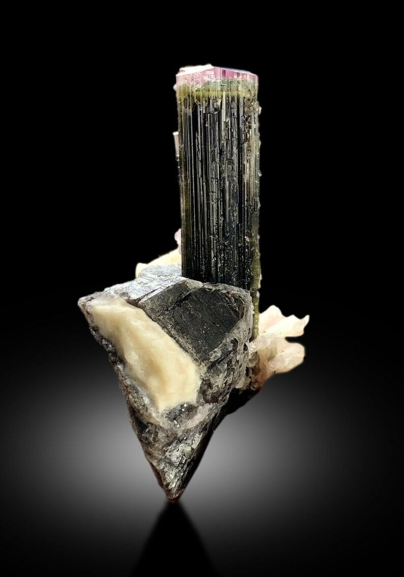 Natural Tricolor Tourmaline with Smoky Quartz and Cleavelandite Albite, Tourmaline Specimen from Astak Nala Mine Skardu Pakistan - 94 gram